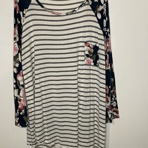 Striped Long Sleeve Top with Floral Accents